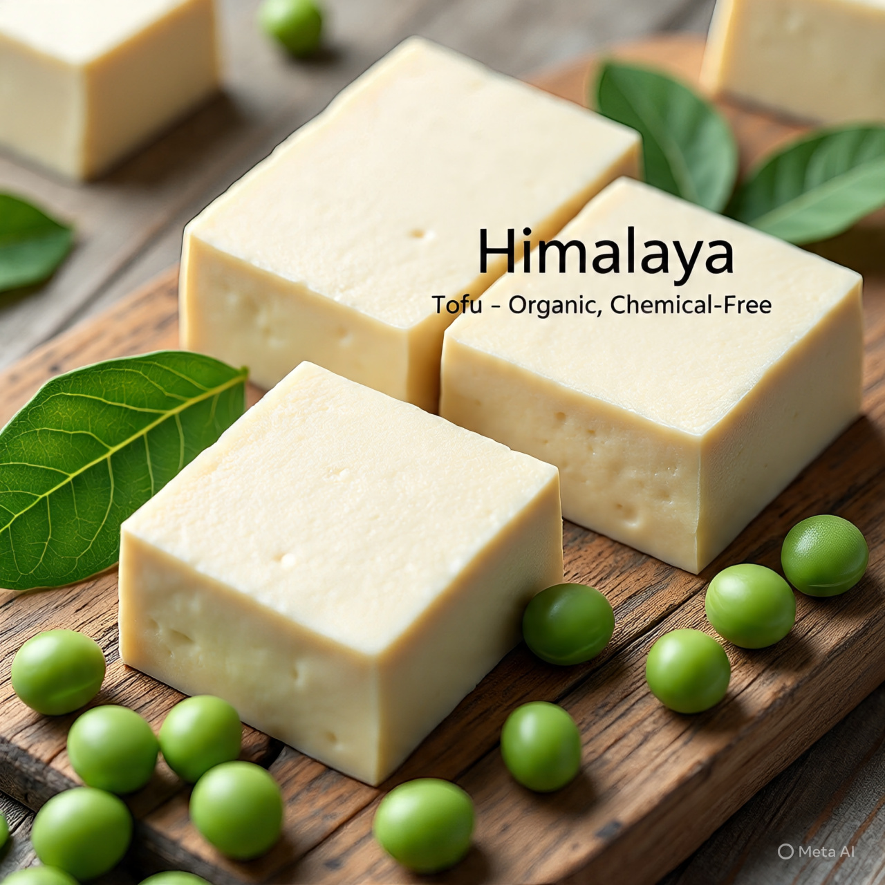 Fresh organic Himalaya Tofu blocks on a wooden board with green soybean leaves and whole soybeans, highlighting purity and chemical-free quality.