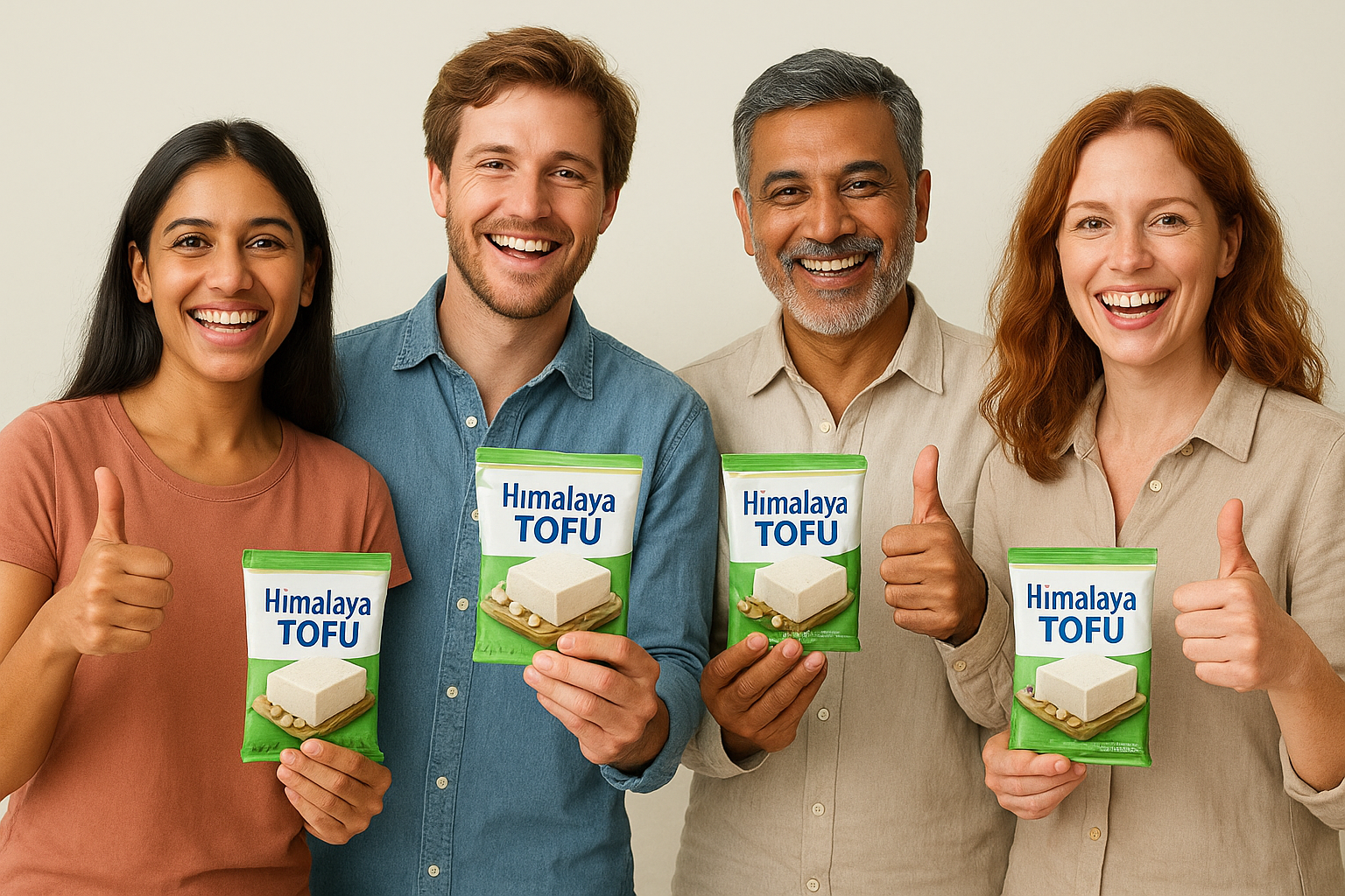 Four smiling people enjoying a meal together featuring Himalaya Tofu dishes, representing happiness, health, and togetherness.