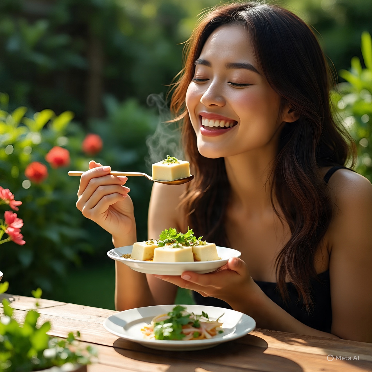 A woman testing fresh Himalaya Tofu, enjoying natural and healthy food.
