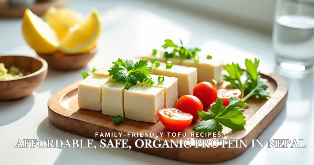 Fresh tofu (soya paneer/plant-based paneer) on a wooden board with herbs and vegetables, highlighting organic and healthy ingredients