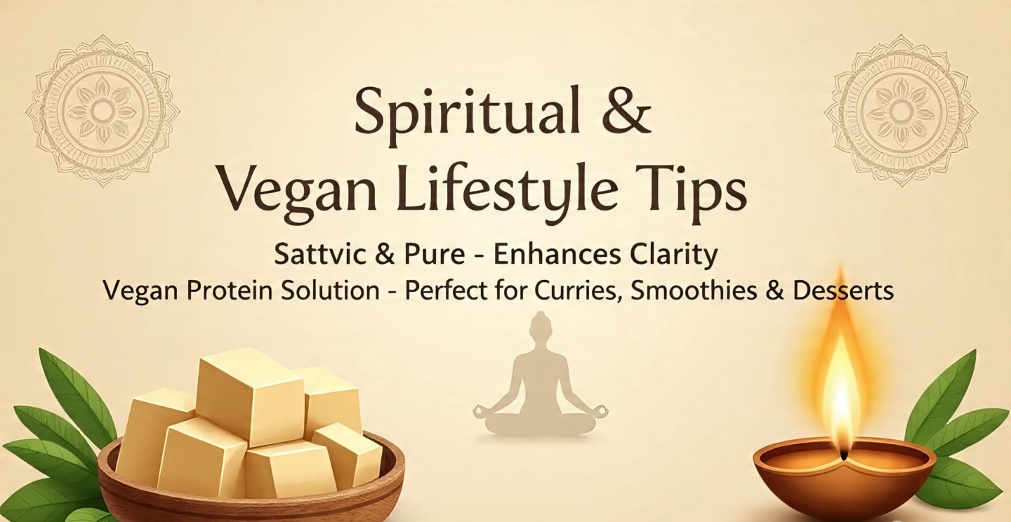 Fresh soya paneer cubes on a tray with herbs and diya, symbolizing sattvic diet and vegan protein lifestyle.