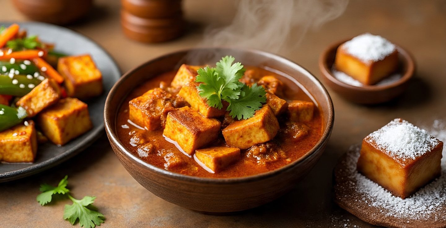 Cubes of Himalaya Tofu cooked in a rich Nepali-style tomato and spice curry, garnished with fresh coriander.